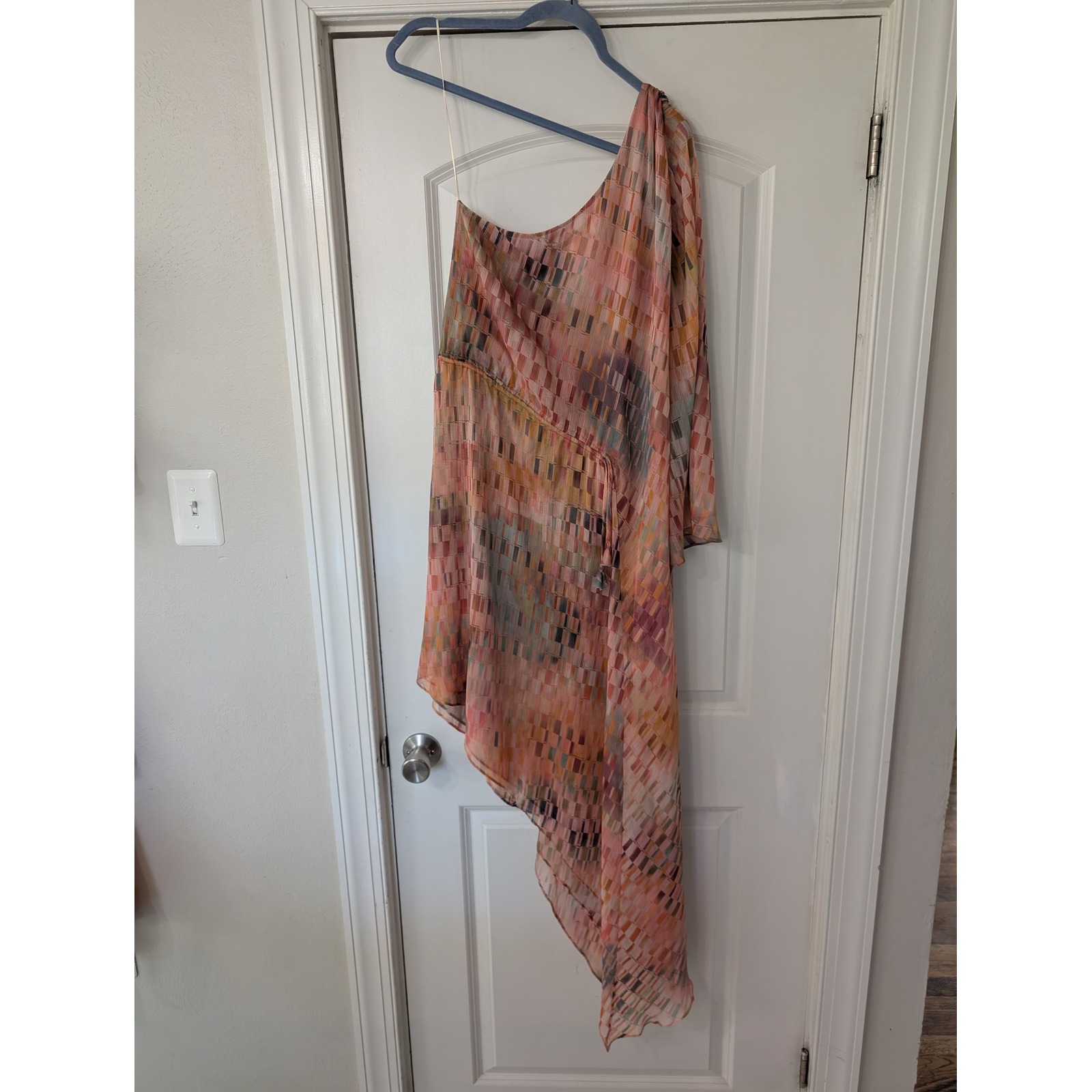Misa Los Angeles One Shoulder Asymmetric Dress Pink Abstract Print Small Womens
